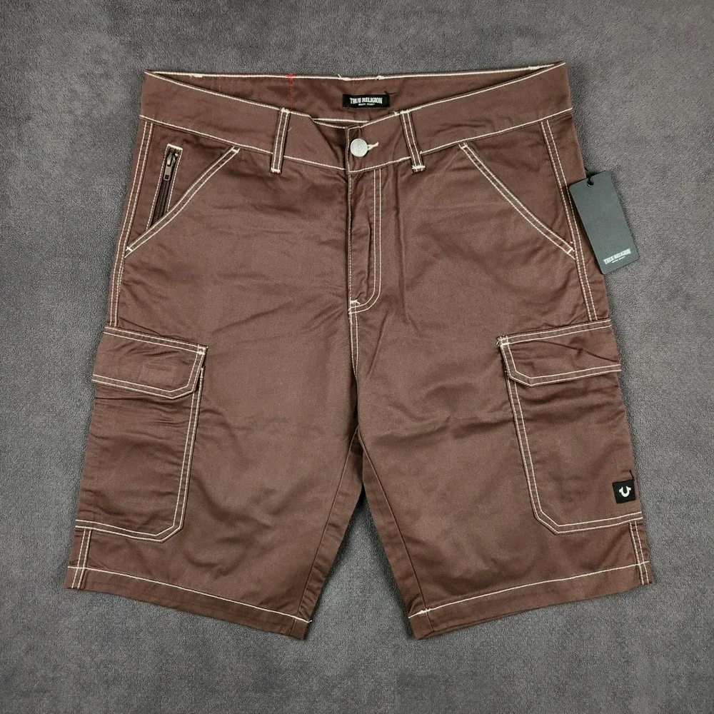 True Religion Cargo Shorts Mens 34 Bracken Brown‎ Contrast Big T Stitch NEW